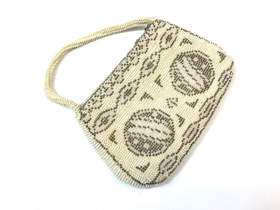1930s Creme Beaded Purse | 30s Art Deco White Bead