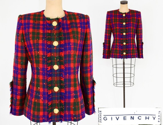 1990s Givenchy Plaid Jacket | 90s Purple Red Plaid
