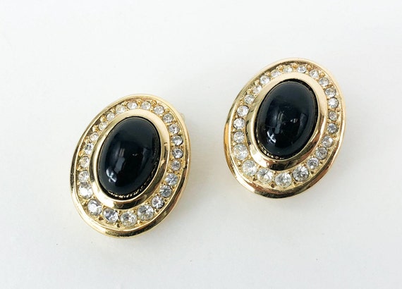 1980s Black & Gold Earrings | 80s Rhinestone Oval