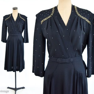Rare 1940s Studded Hip Flare Black Crepe Dress