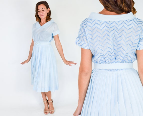 1950s Blue Cotton Dress | 50s Light Blue Rayon Cot