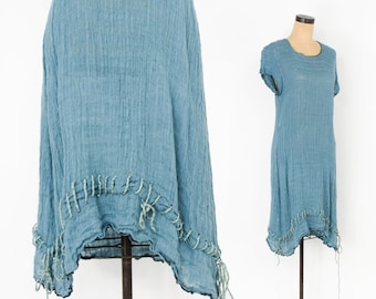 1990s Blue Linen dress | 90s Turquoise Blue Linen Shift | Art Dressing | Cynthia Ashby | Medium