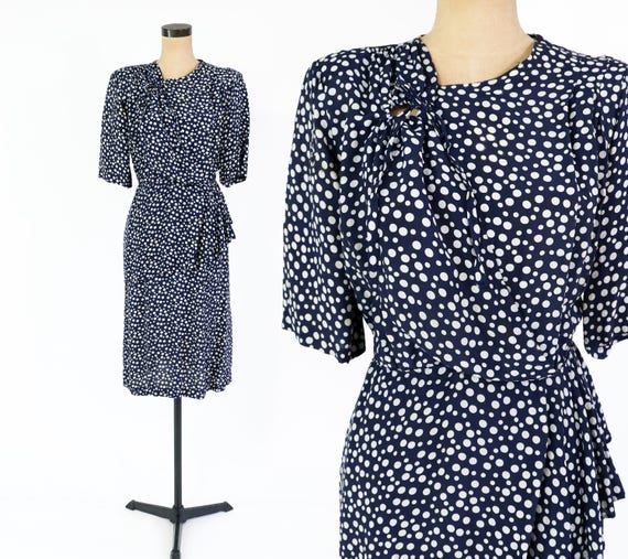 1940s Navy Blue Polka Dot Dress | Vintage Navy Ex… - image 1