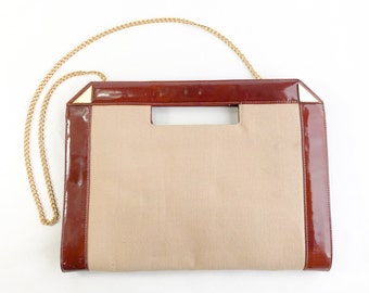 1980s Beige Canvas Handbag  | 80s Beige & Brown Canvas Clutch | Jay Herbert NY