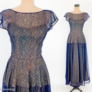 1950s Navy Lace Evening Gown 50s Navy Lace Illusion Dress Old Hollywood Small image 1