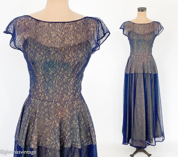 1950s Navy Lace Evening Gown | 50s Navy Lace Illu… - image 1