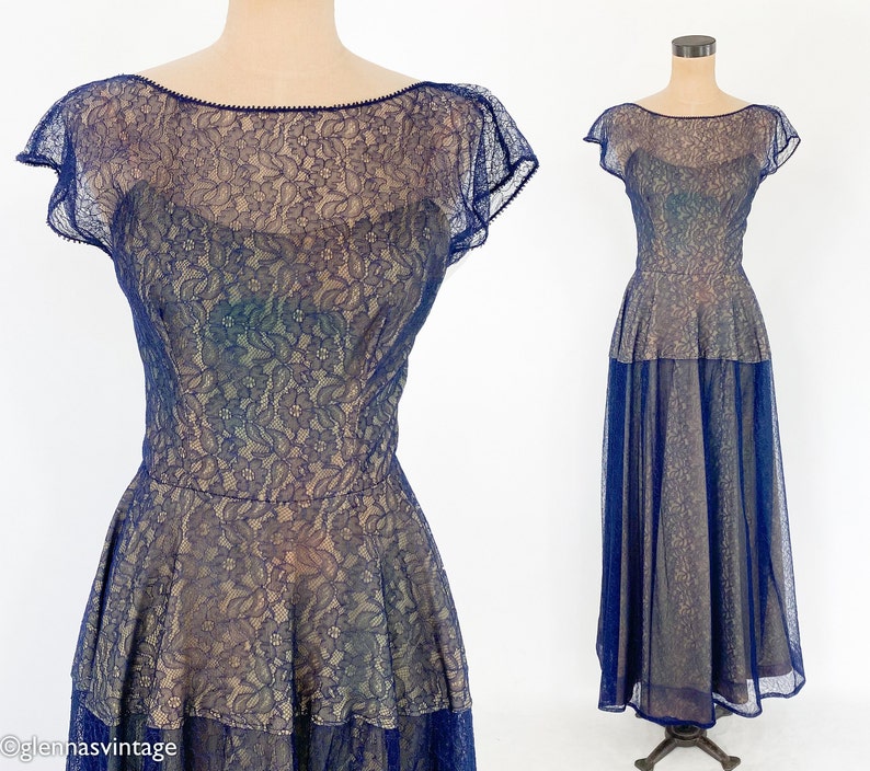 1950s Navy Lace Evening Gown 50s Navy Lace Illusion Dress Old Hollywood Small image 1