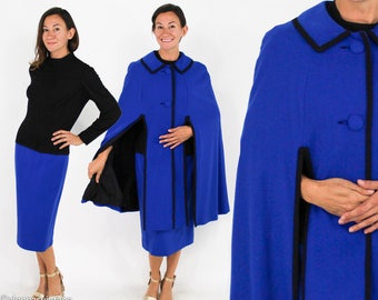 1980s Royal Blue Cape Dress Set | 80s Blue Wool Cape & Dress Set | Lilli Diamond | Medium