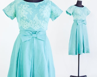 1950s Turquoise Blue Cocktail Dress & Jacket | 50s Turquoise Blue Taffeta Party Dress | Small