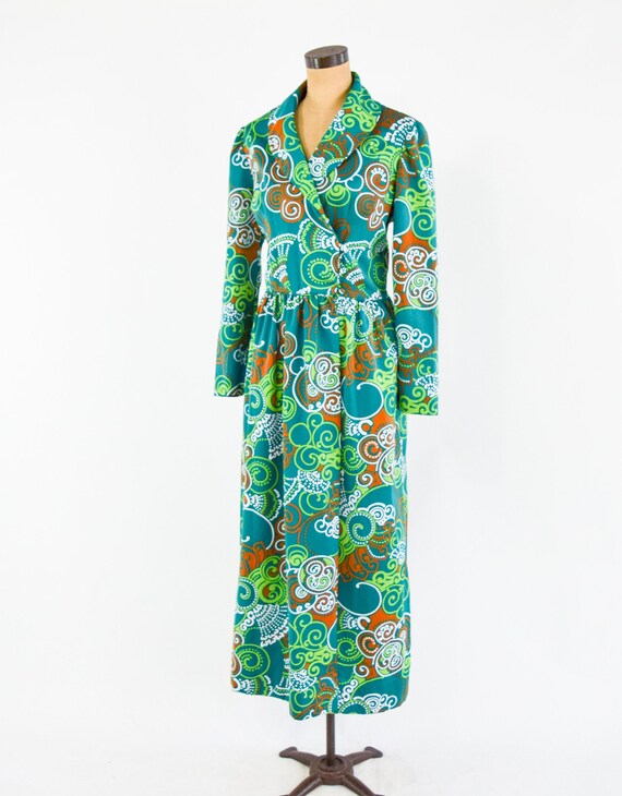 1970s Green Floral Maxi Dress | 70s Green Op Art … - image 5