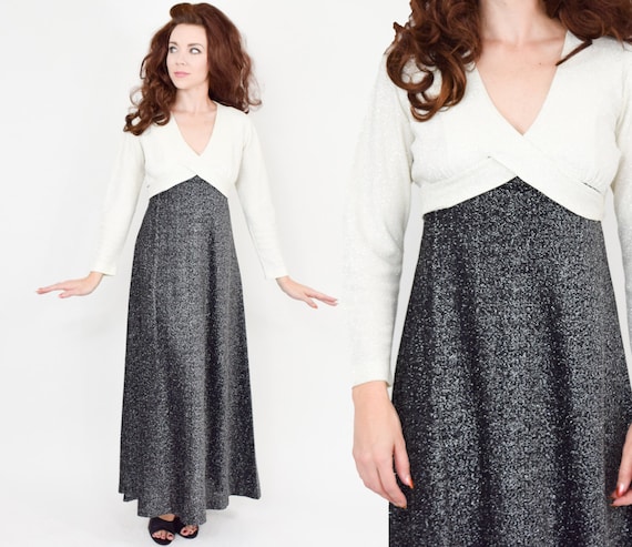 1970s Black & White Metallic Maxi Dress | 70s Gray