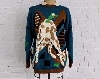 1980s Giraffe Knit Sweater | 80s Giraffe & Parrot Cotton Sweater | BEREK New York | Large