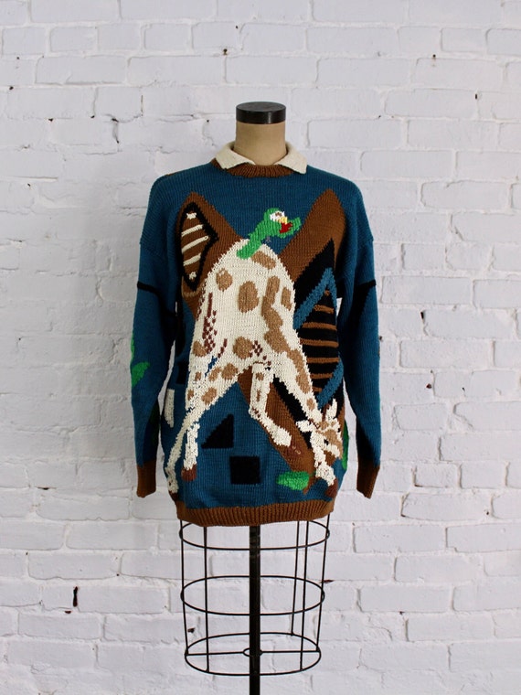 1980s Giraffe Knit Sweater | 80s Giraffe & Parrot 