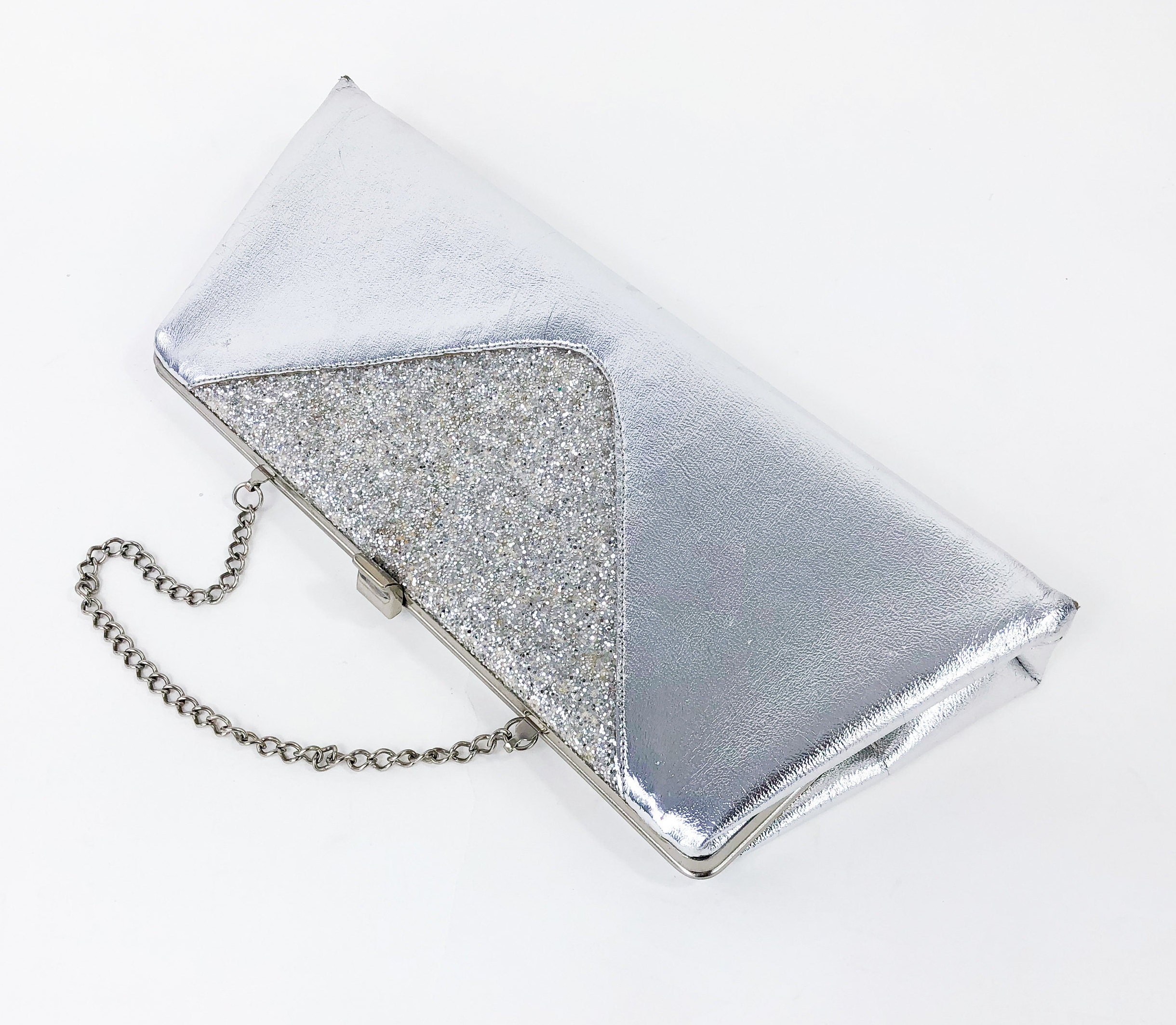 1960er Silber Glitzer Clutch 60s Metallic Silber Kunstleder