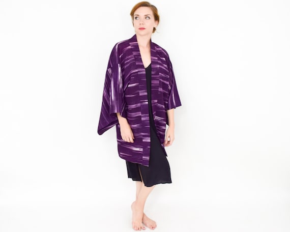 1950s Purple Silk Haori  | 50s Dark Purple Stripe… - image 3
