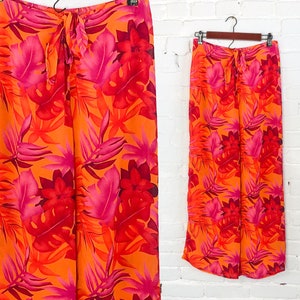 1990s Orange Hawaiian Print Slacks 90s Orange & Pink Tropical Pants Petra Fashions XL image 1