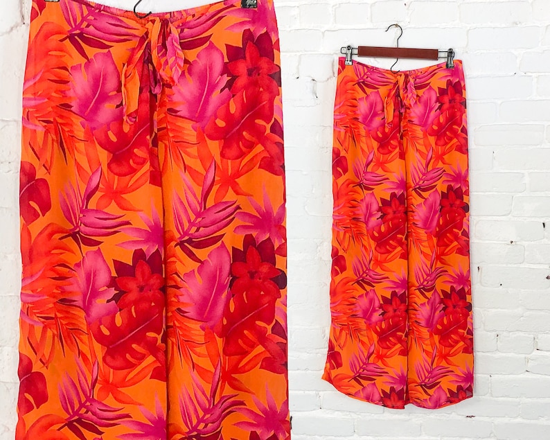 1990s Orange Hawaiian Print Slacks 90s Orange & Pink Tropical Pants Petra Fashions XL image 1