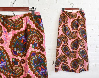 1970s Pink Paisley Maxi Skirt | 70s Pink Paisley Woven Wool Skirt | Nelly De Grab N.Y. | Medium