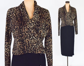 1980s Animal Print Top | 80s Leopard Print Wrap Top | GY | Ginny | Medium