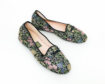 1950s Daniel Green Brocade Slippers | Vintage Black Floral Loafers, Size B55