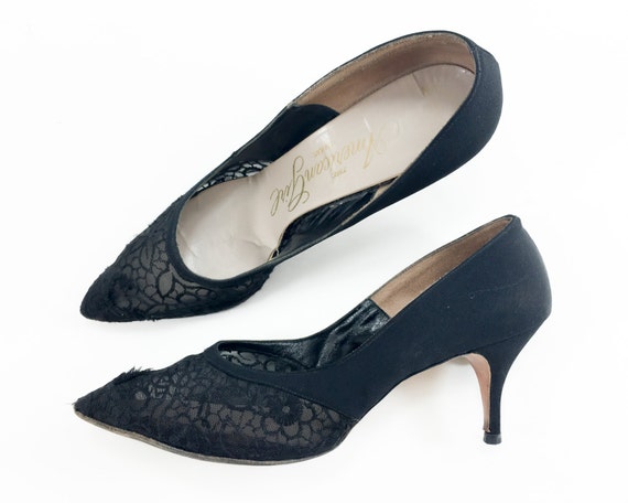60s Black Lace Heels | Black Crepe & Lace Heels |… - image 2