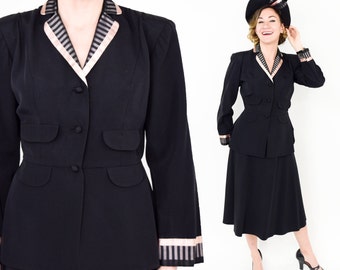 1940s Doris Dodson Black Faille Suit | Vintage Black Pink Jacket & Skirt, Medium