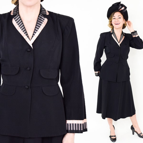 1940s Black Faille Suit | 40s Black & Pink Skirt Suit | Doris Dodson | Medium