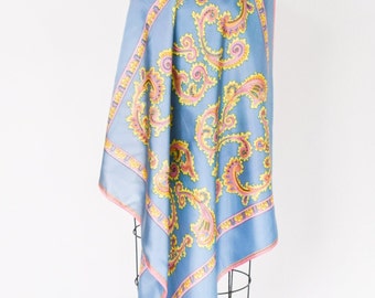 1950s Turquoise Blue Paisley Scarf | 50s Blue Yellow Pink Paisley Scarf | An Elwin Scarf