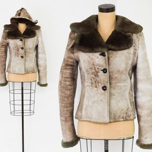 1970s Beige Leather Shearling Coat & Hat Set 70s Brown Sheepskin Coat Hat Set The Sheep Shack Extra Small image 1