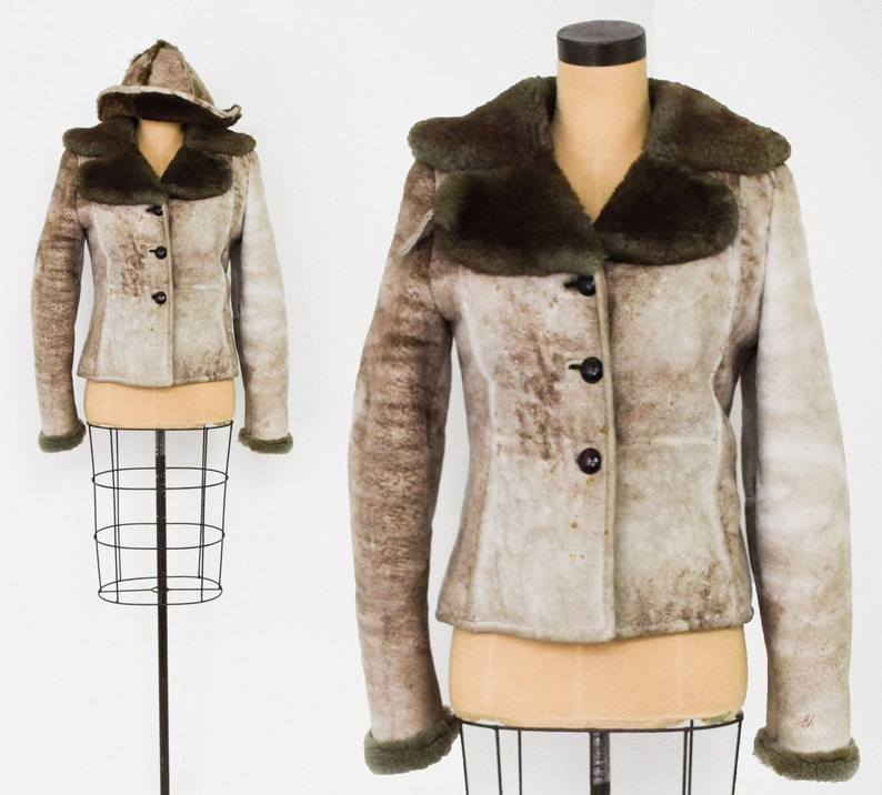 1970s Beige Leather Shearling Coat & Hat Set 70s Brown Sheepskin Coat Hat Set The Sheep Shack Extra Small image 1