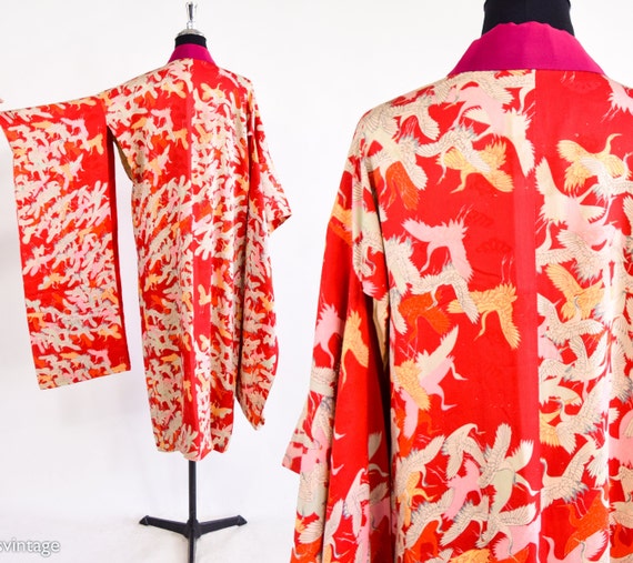 1940s Vintage Red Silk Kimono | 40s White Cranes … - image 2