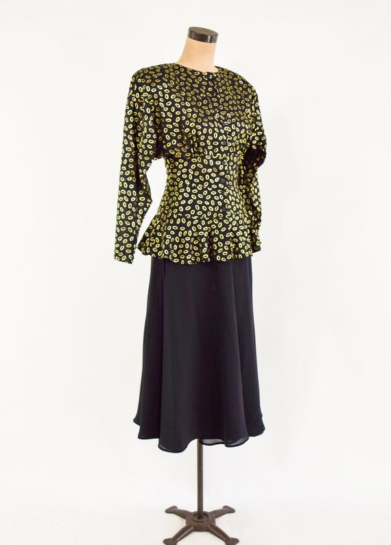 1980s Black & Gold Skirt Set | 80s Black Print Sk… - image 3