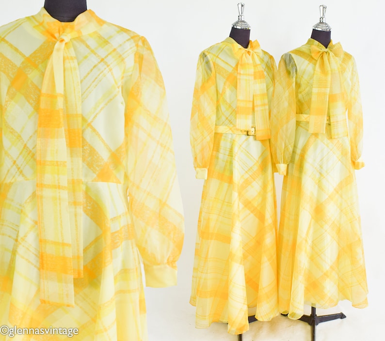 1970s Yellow Plaid Maxi Dress 70s Yellow Evening Dress Yellow Bridesmaid Dress Avalon Classics Size 10 & 16 image 1