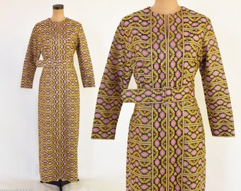 1970s Gold Knit Polyester Maxi Dress | 70s Gold Stripe Maxi Dress | Nicole Creations | Large