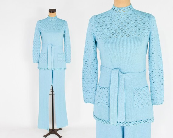 1970s Turquoise Blue Knit Top & Pants Set | 70s Bl
