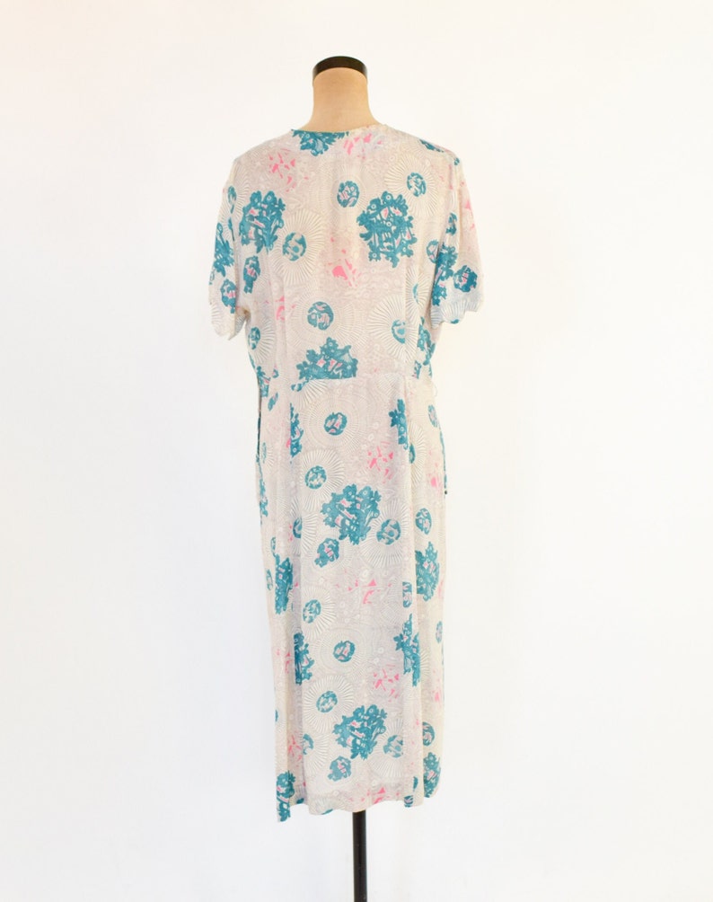 1940s Creme Blue Floral Print Dress 40s White & Blue Print Dress X Large image 5