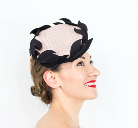 1940s Pink & Black Fascinator | 40s Pink Black Lea