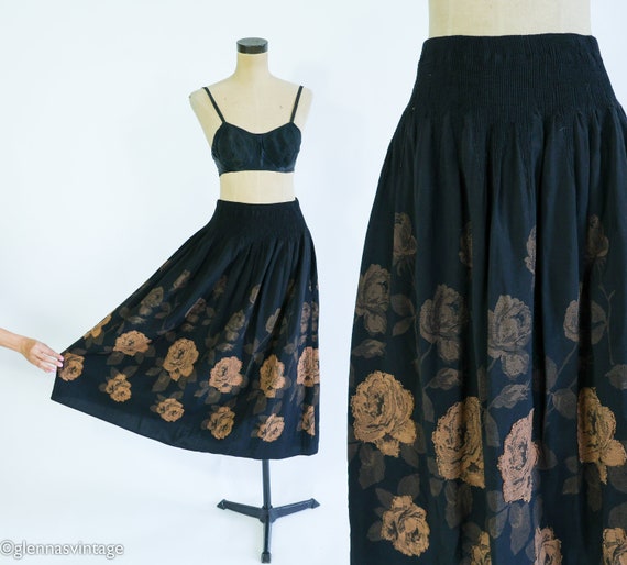 1990s Black & Bronze Floral Print Skirt | 90s Bla… - image 1