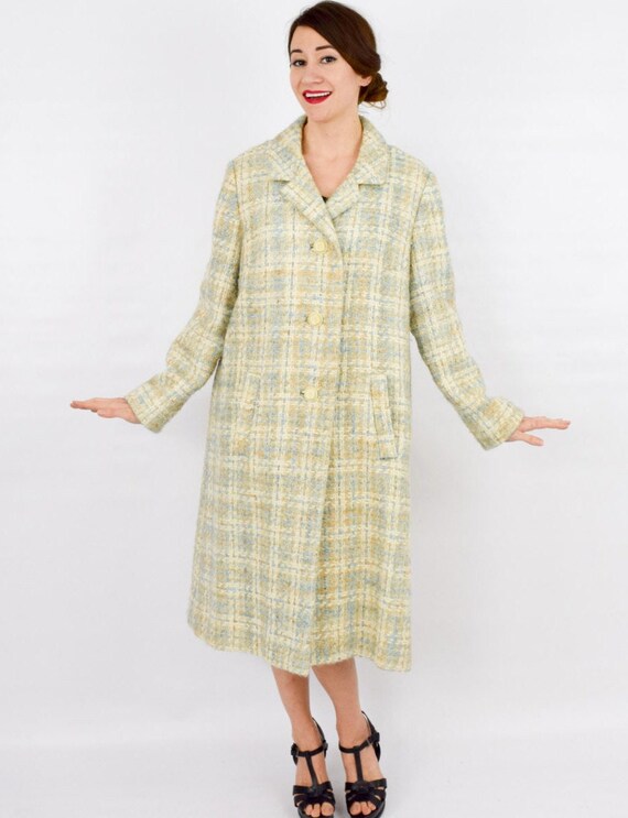 1950s Creme Plaid Wool Coat Mohair | 50s Beige Pl… - image 4