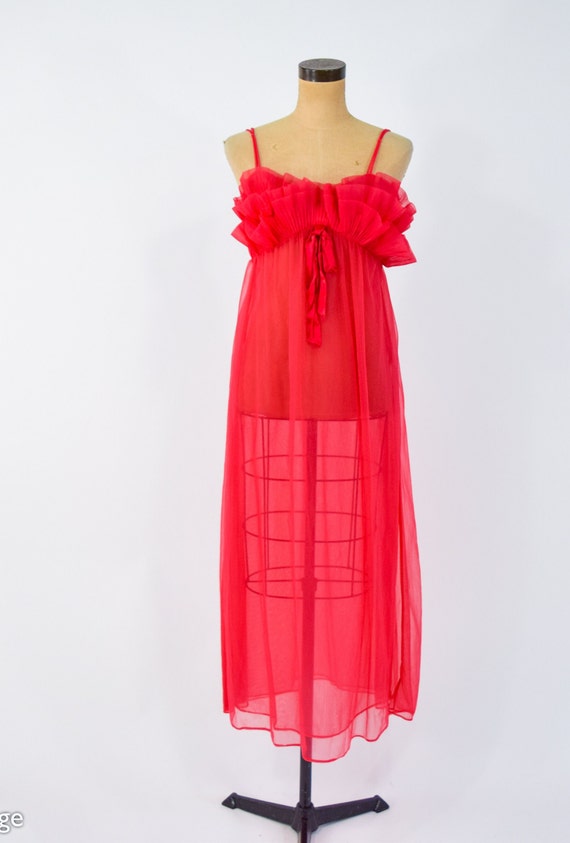 1950s Red Nylon Nightgown | 50s Red Long Nightgow… - image 2