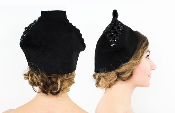 1940s Black Wool Hat | 40s Black High Crown Velour