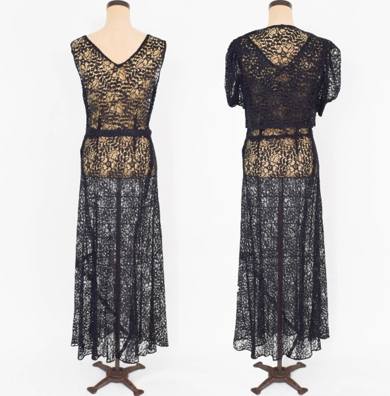 1930s Black Lace Evening Dress | 30s Black Floral… - image 3