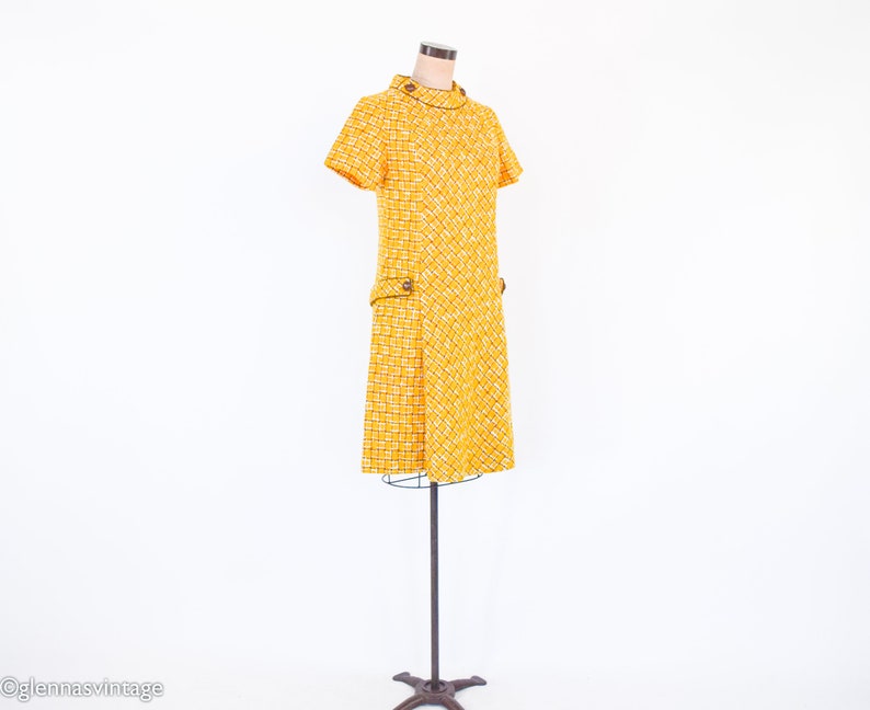 1960s Yellow Wool Plaid Dress 60s Gold Plaid Shift Dress Twiggy Style Medium image 2