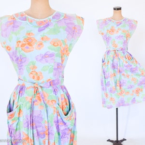 1950s Lavender Floral Cotton Dress 50s Flowered Wrap Dress Wrap Dress Rockabilly Medium image 1