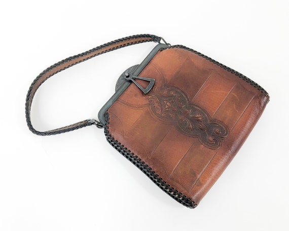 1920s Tooled Leather Handbag | 20s Art Deco Brown