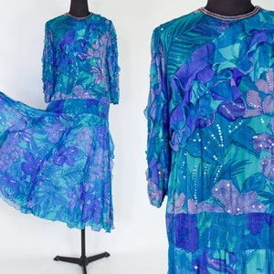 1980s Blue Silk Chiffon Ruffled Party Dress 80s Blue Beaded Chiffon Dress Judith Ann Creations Medium image 1