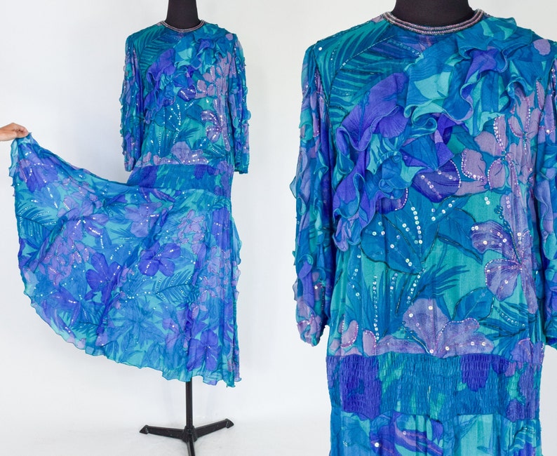 1980s Blue Silk Chiffon Ruffled Party Dress 80s Blue Beaded Chiffon Dress Judith Ann Creations Medium image 1