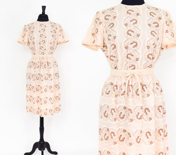 1960s Beige Lace Dress | 60s Ivory Print Lace Dres