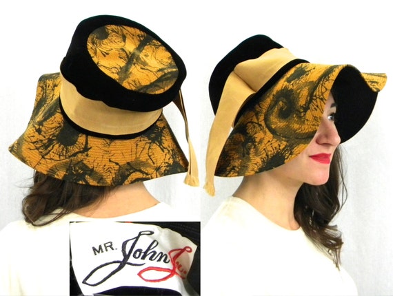 1970s Gold Black Velvet Hat | 70s Gold Print Wide