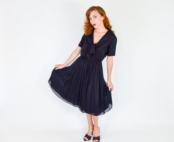 1950s Black Chiffon Dress | 50s Black Chiffon Party D… - Gem